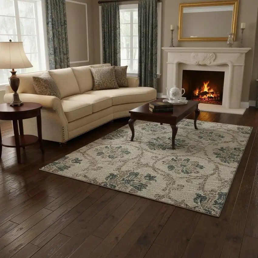 Beige Blue And Tan Floral Washable Area Rug With UV Protection Photo 2