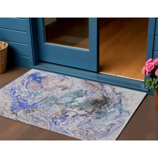 Beige Blue And Taupe Abstract Washable Indoor Outdoor Area Rug Photo 1