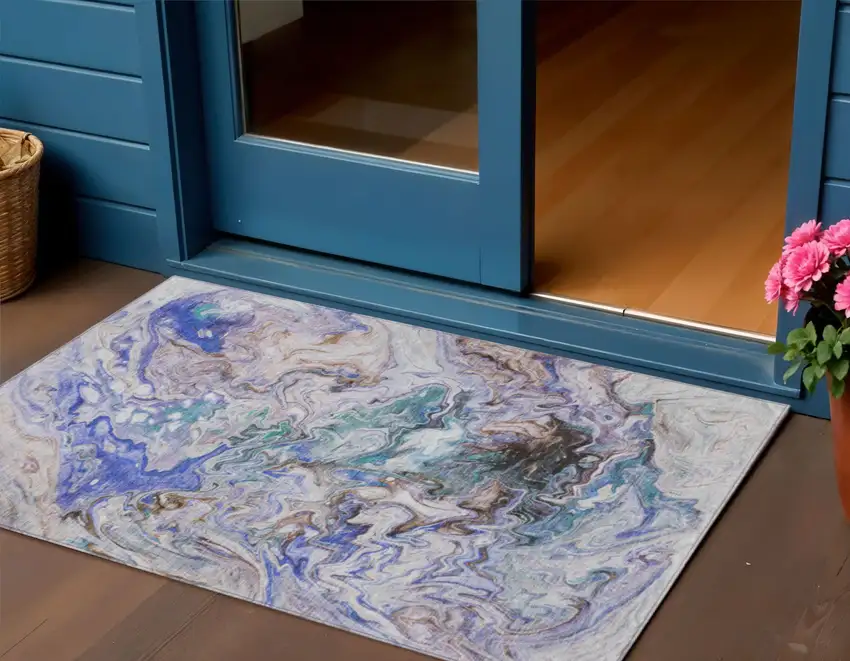 Beige Blue And Taupe Abstract Washable Indoor Outdoor Area Rug Photo 1