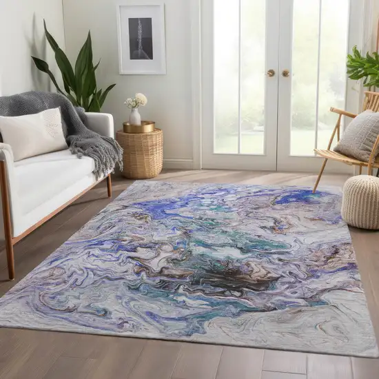 Beige Blue And Taupe Abstract Washable Indoor Outdoor Area Rug Photo 9