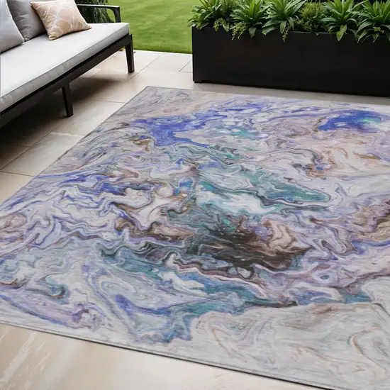 Beige Blue And Taupe Abstract Washable Indoor Outdoor Area Rug Photo 1