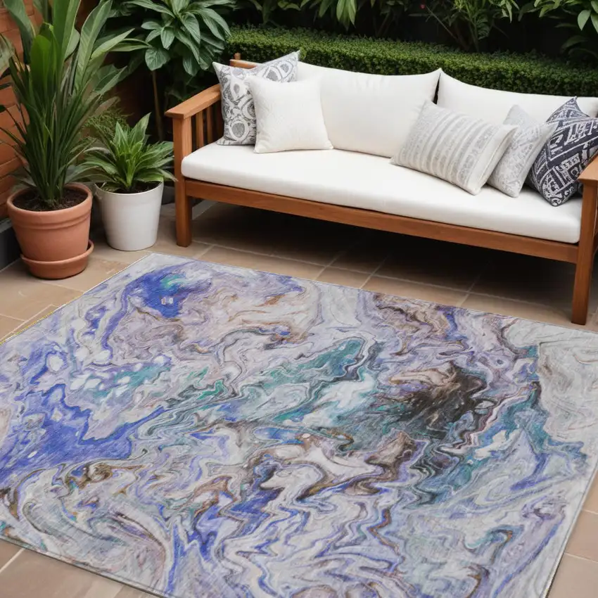 Beige Blue And Taupe Abstract Washable Indoor Outdoor Area Rug Photo 1