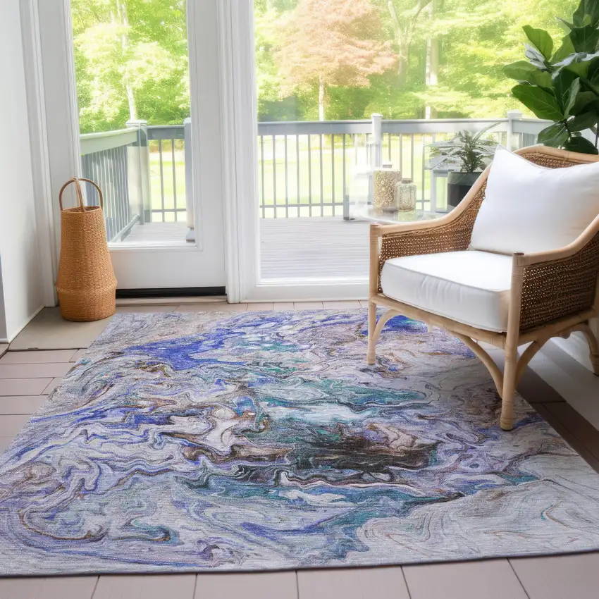 Beige Blue And Taupe Abstract Washable Indoor Outdoor Area Rug Photo 8