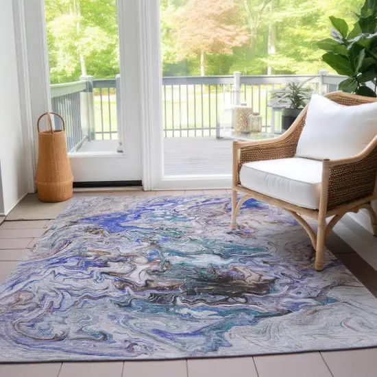 Beige Blue And Taupe Abstract Washable Indoor Outdoor Area Rug Photo 8