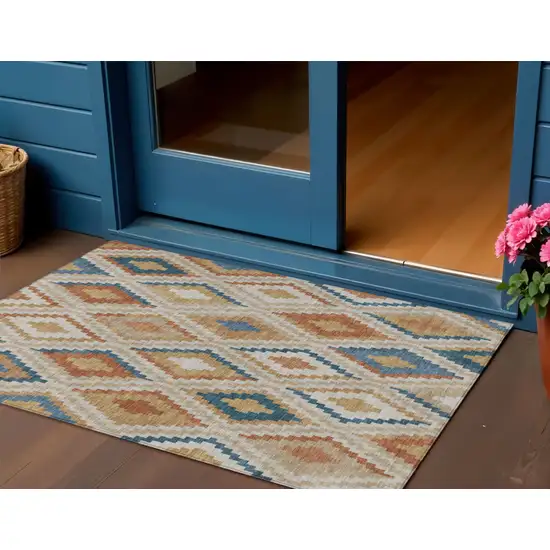 Beige Blue And Terra Cotta Geometric Washable Indoor Outdoor Area Rug Photo 1
