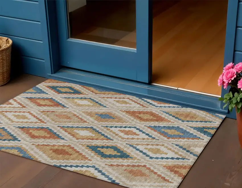 Beige Blue And Terra Cotta Geometric Washable Indoor Outdoor Area Rug Photo 1