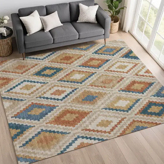 Beige Blue And Terra Cotta Geometric Washable Indoor Outdoor Area Rug Photo 9