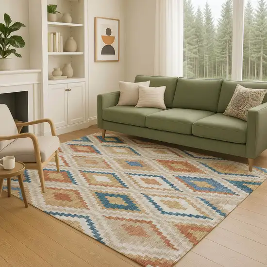 Beige Blue And Terra Cotta Geometric Washable Indoor Outdoor Area Rug Photo 9