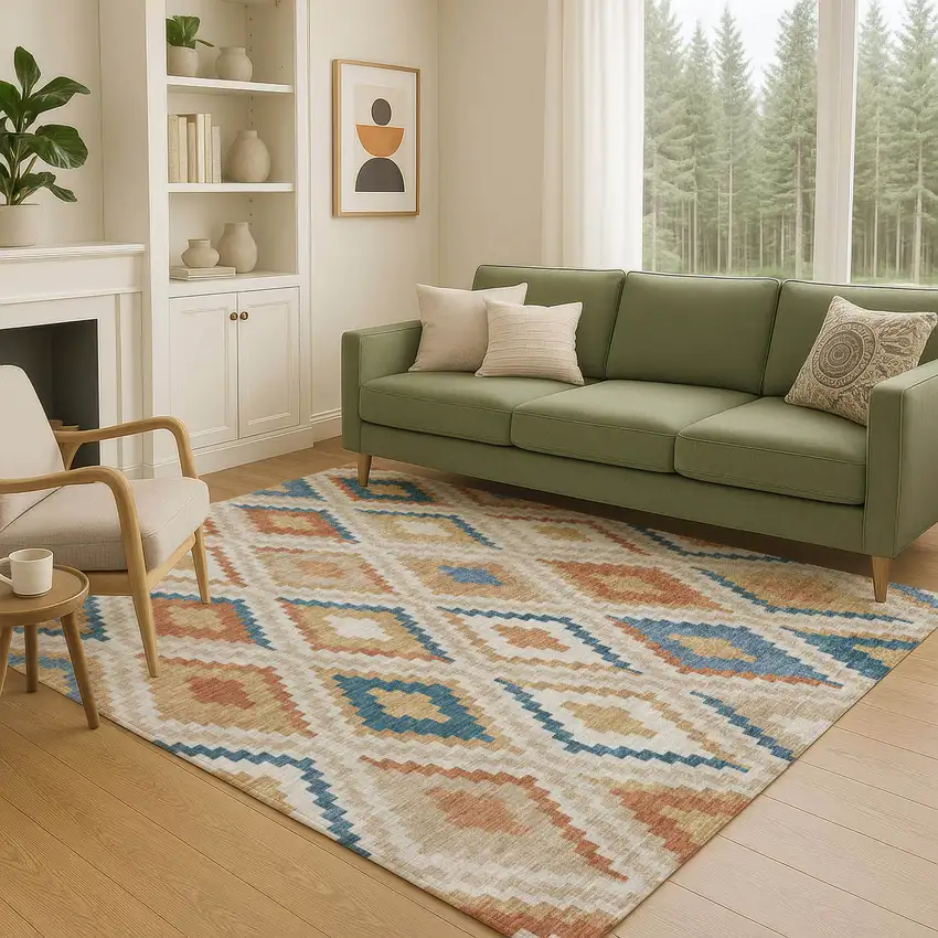 Beige Blue And Terra Cotta Geometric Washable Indoor Outdoor Area Rug Photo 9