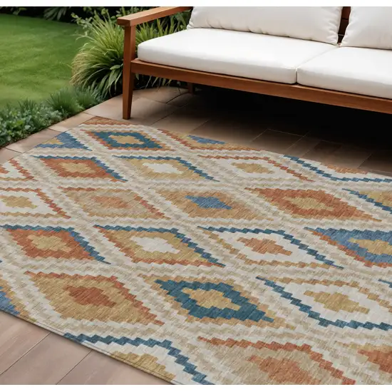 Beige Blue And Terra Cotta Geometric Washable Indoor Outdoor Area Rug Photo 1
