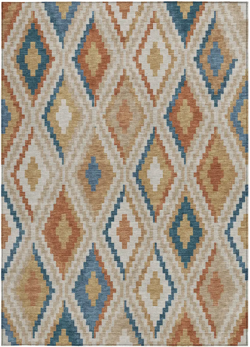 Beige Blue And Terra Cotta Geometric Washable Indoor Outdoor Area Rug Photo 4