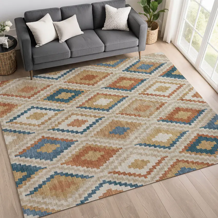 Beige Blue And Terra Cotta Geometric Washable Indoor Outdoor Area Rug Photo 9