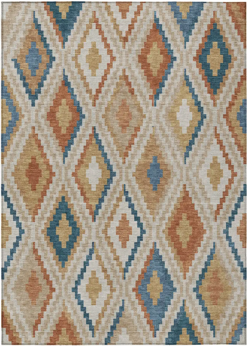 Beige Blue And Terra Cotta Geometric Washable Indoor Outdoor Area Rug Photo 2