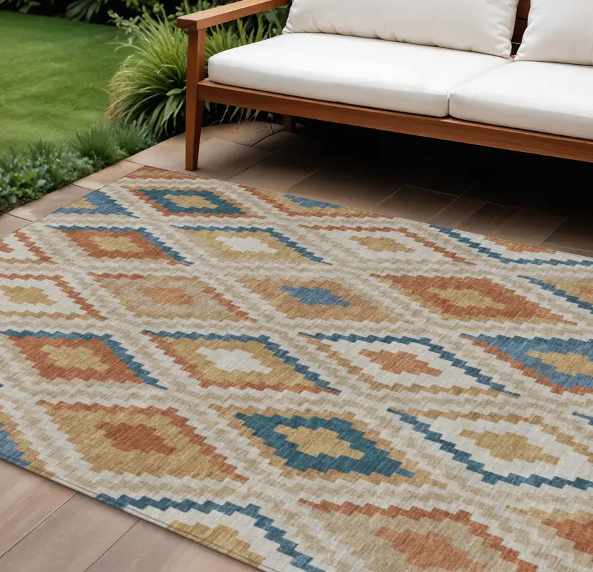 Beige Blue And Terra Cotta Geometric Washable Indoor Outdoor Area Rug Photo 1