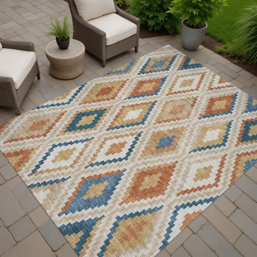 Beige Blue And Terra Cotta Geometric Washable Indoor Outdoor Area Rug Photo 8