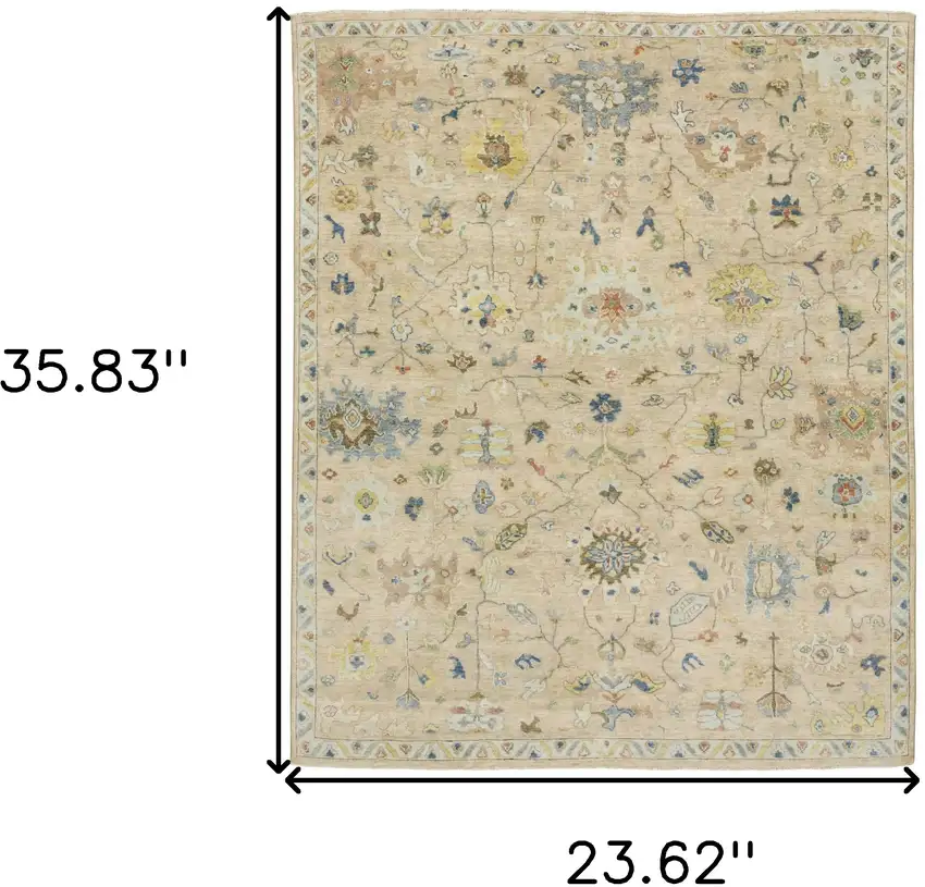 Beige Blue And Yellow Wool Oriental Hand Knotted Area Rug With Fringe Photo 3