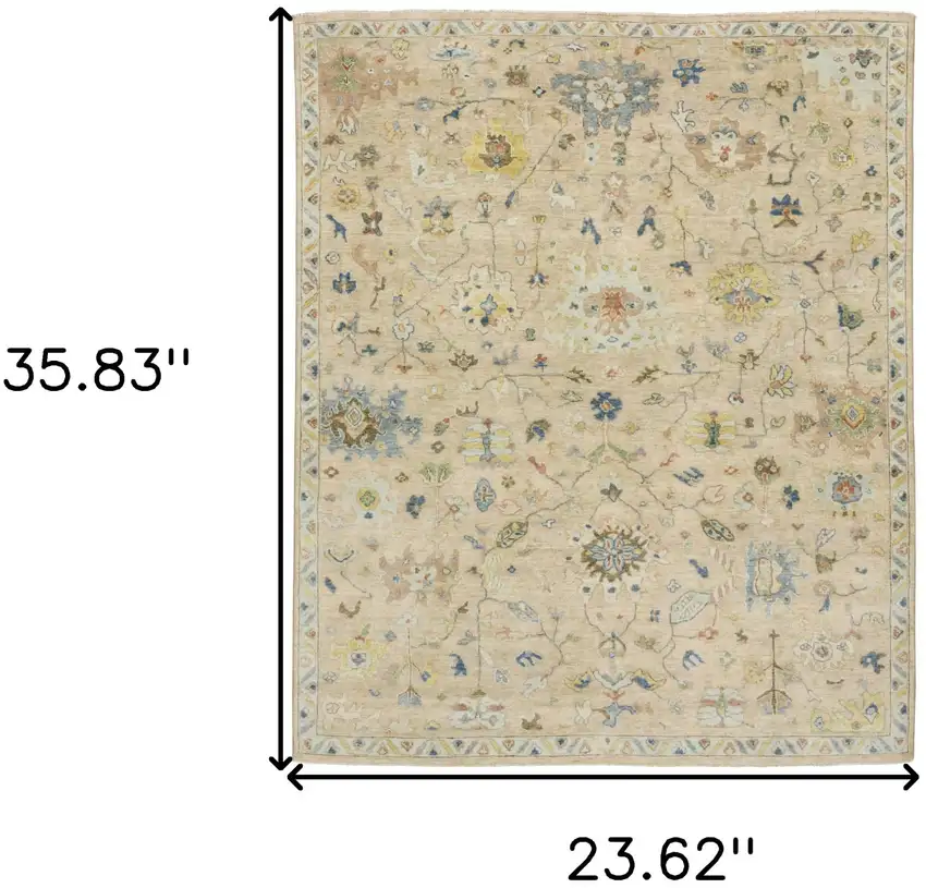 Beige Blue And Yellow Wool Oriental Hand Knotted Area Rug With Fringe Photo 3