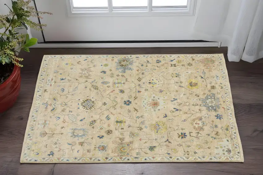 Beige Blue And Yellow Wool Oriental Hand Knotted Area Rug With Fringe Photo 1