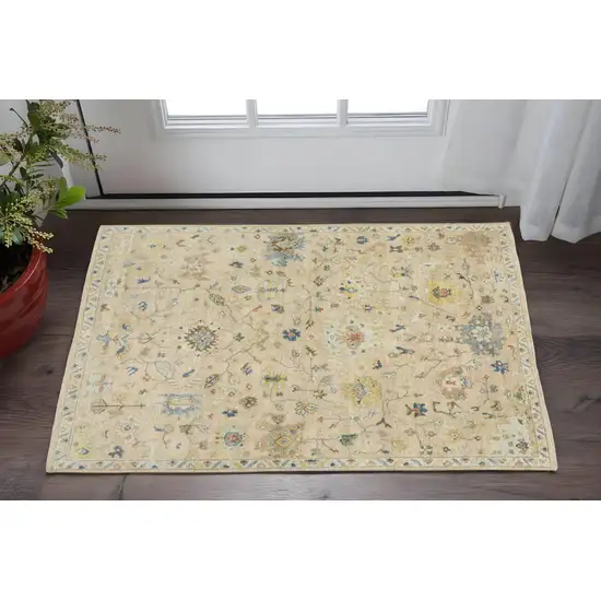 Beige Blue And Yellow Wool Oriental Hand Knotted Area Rug With Fringe Photo 1