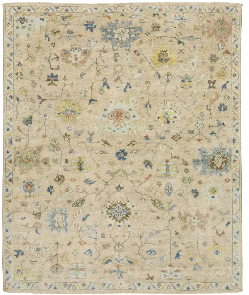 Beige Blue And Yellow Wool Oriental Hand Knotted Area Rug With Fringe Photo 4