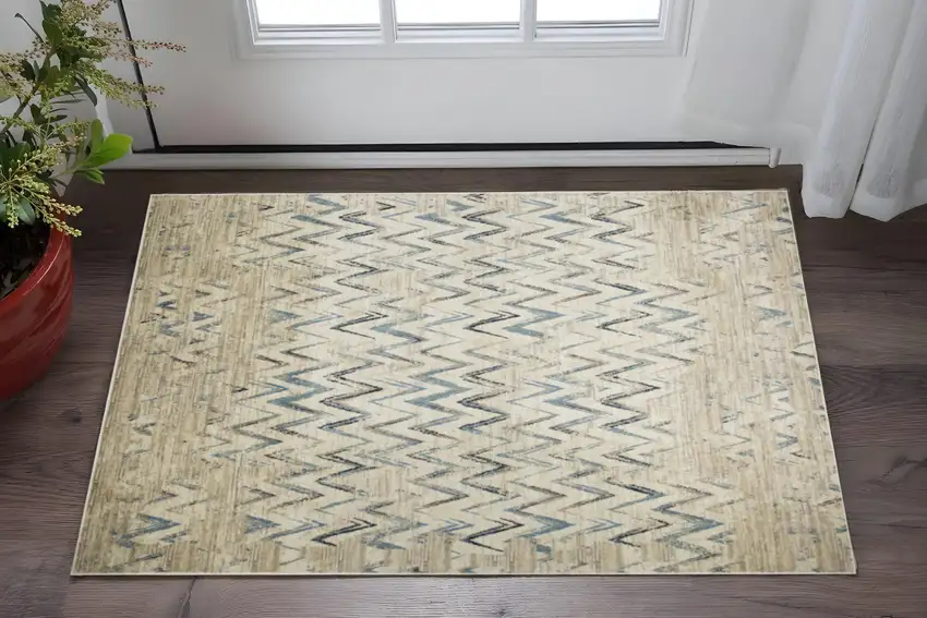 Ivory And Blue Chevron Area Rug Photo 1