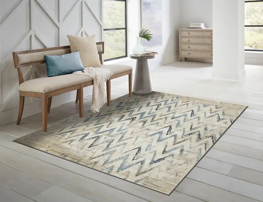 Beige Blue Distressed Chevron Area Rug Photo 6