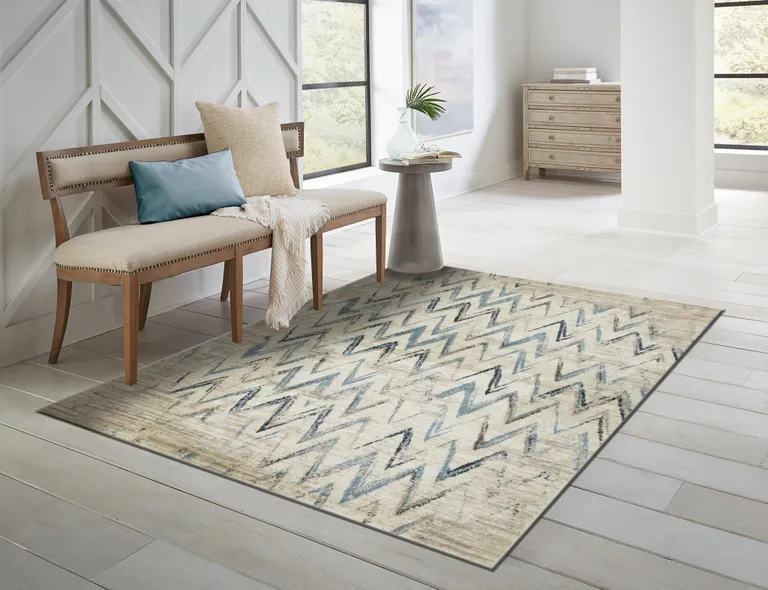 Beige Blue Distressed Chevron Area Rug Photo 4