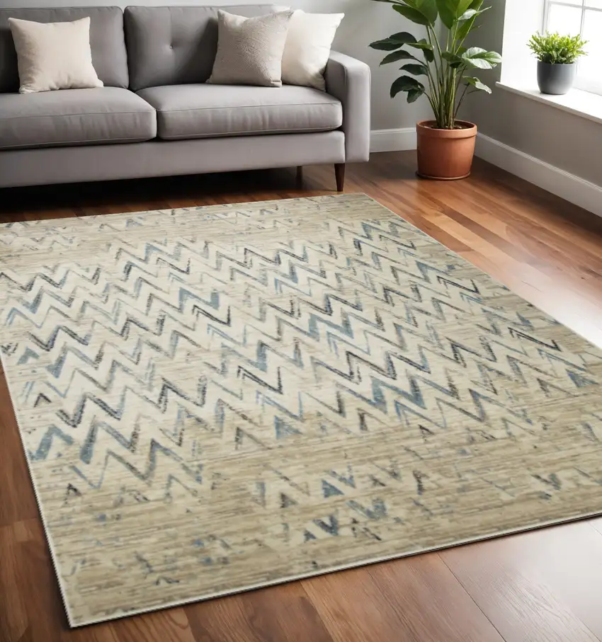 Ivory And Blue Chevron Area Rug Photo 2