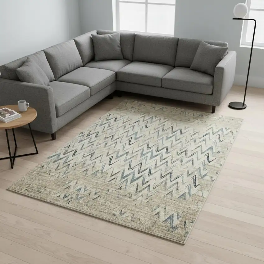 Ivory And Blue Chevron Area Rug Photo 1