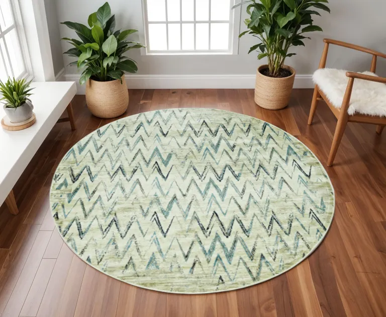 Beige Blue Distressed Chevron Area Rug Photo 4