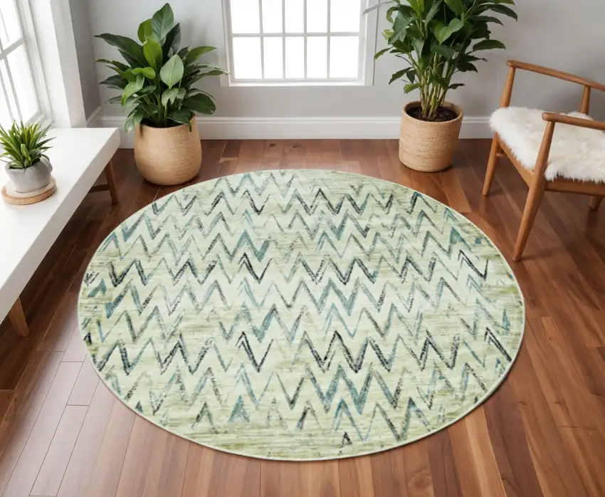 8' Ivory And Blue Chevron Round Rug Photo 1