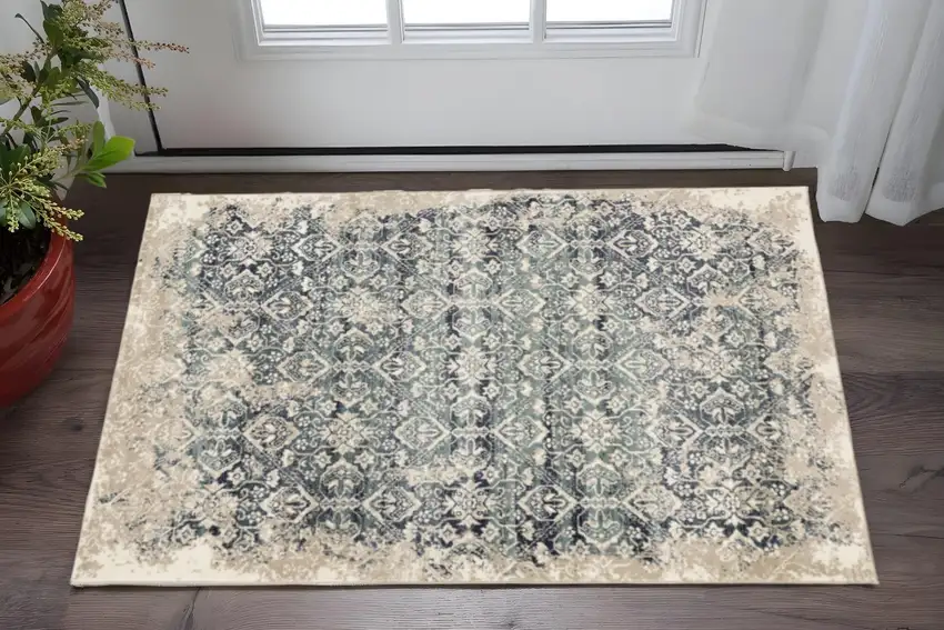 Ivory and Blue Oriental Area Rug Photo 1