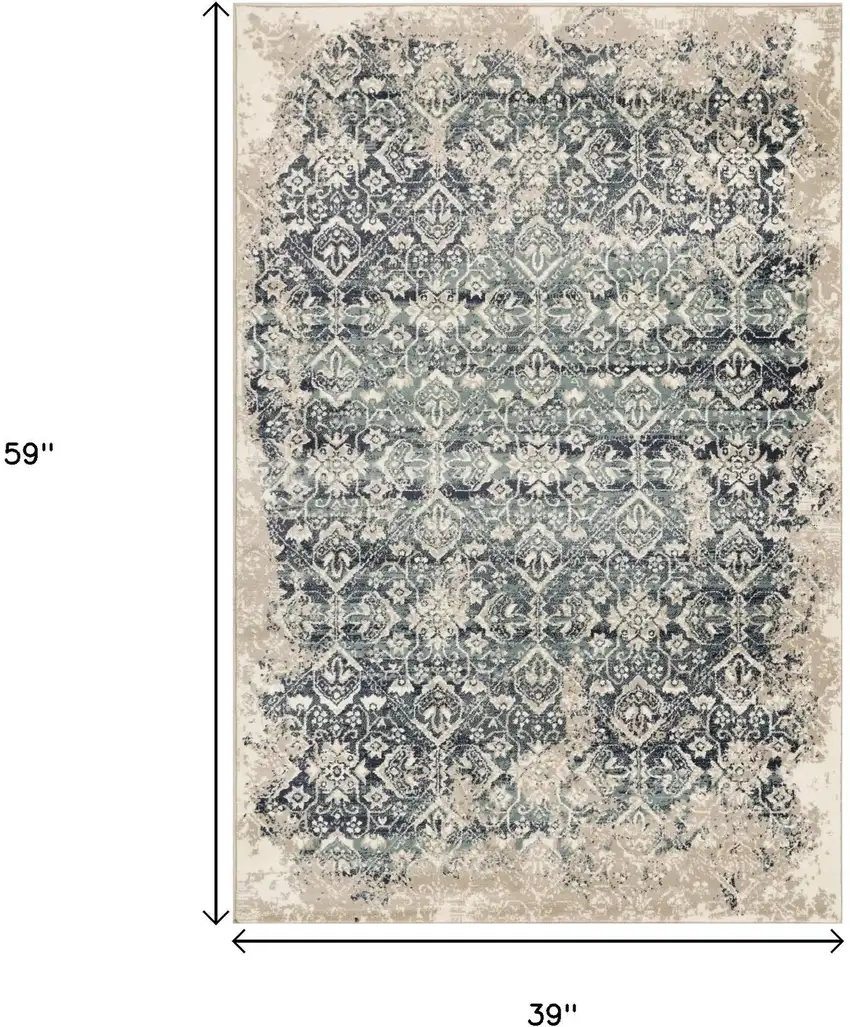 Ivory and Blue Oriental Area Rug Photo 3