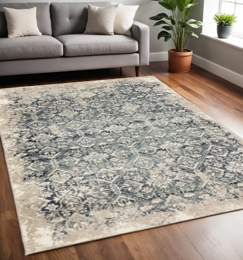 Ivory and Blue Oriental Area Rug Photo 1