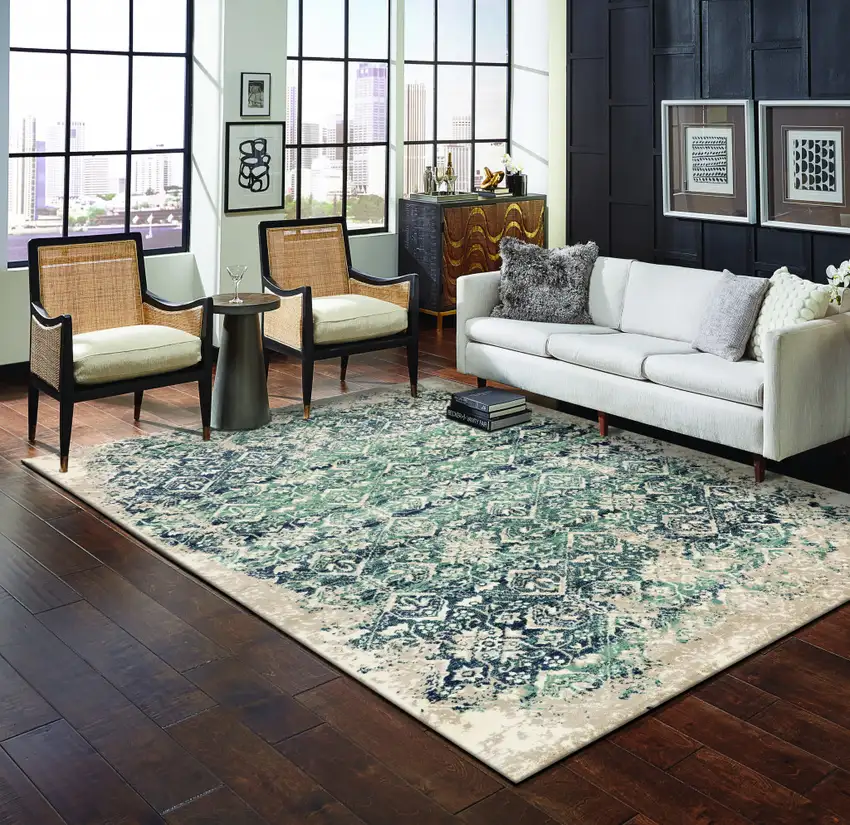 Beige Blue Distressed Diamonds Area Rug Photo 7