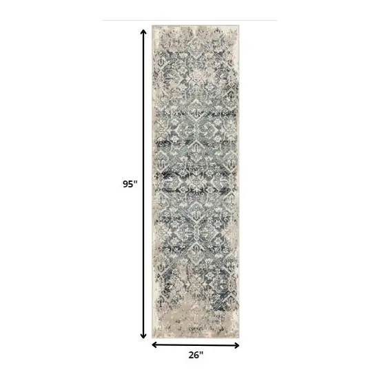 8' Ivory And Blue Oriental Runner Rug Photo 8