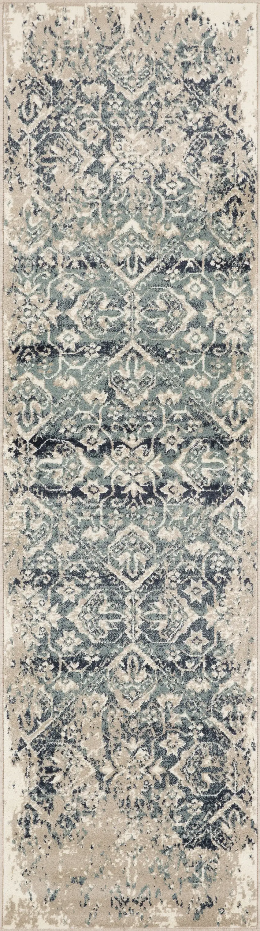 Beige Blue Distressed Diamonds Runner Rug Photo 2