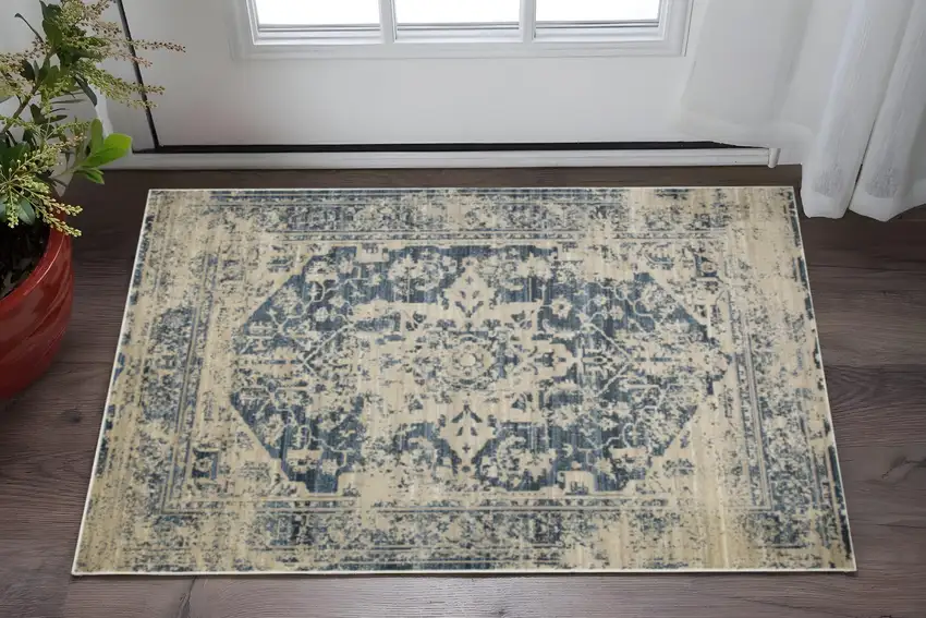 Ivory And Blue Oriental Area Rug Photo 1