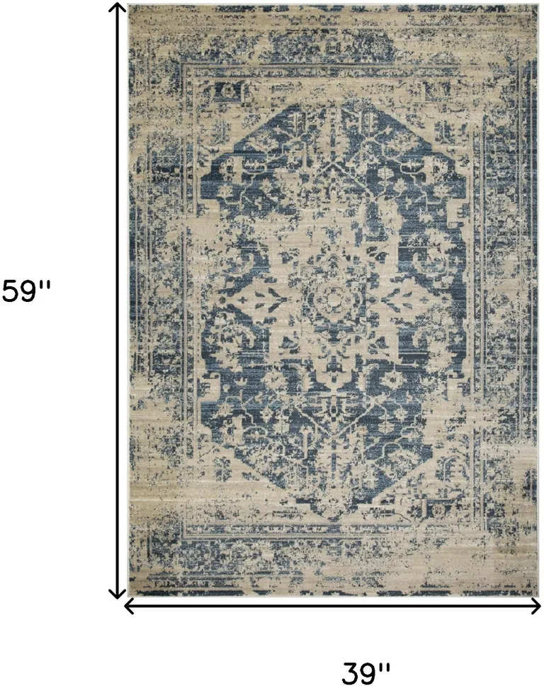 Beige Blue Distressed Medallion Area Rug Photo 3