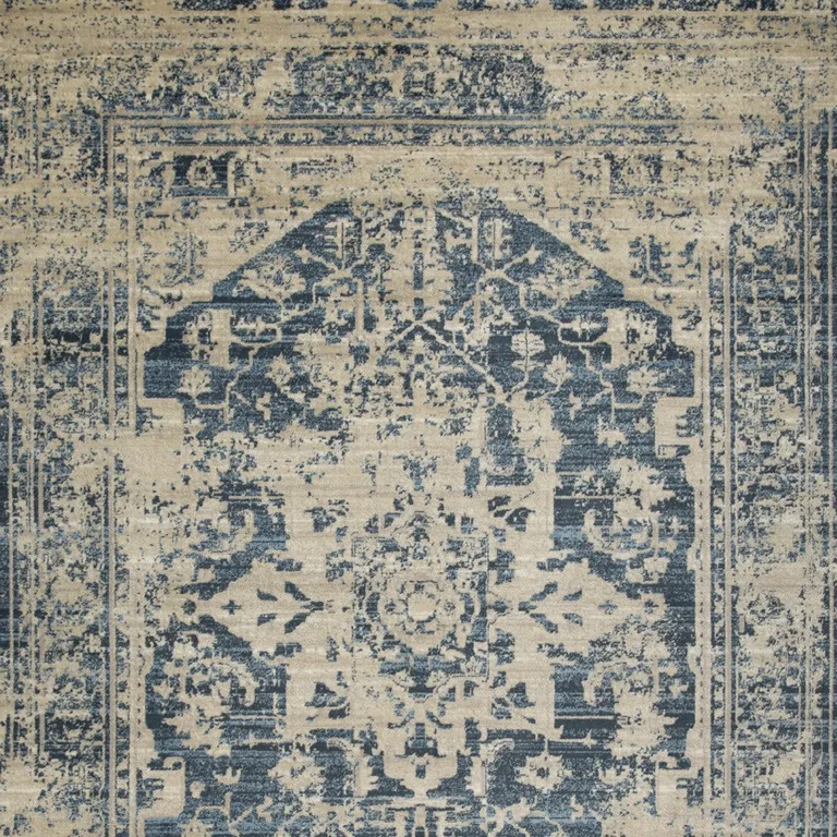 Beige Blue Distressed Medallion Area Rug Photo 3