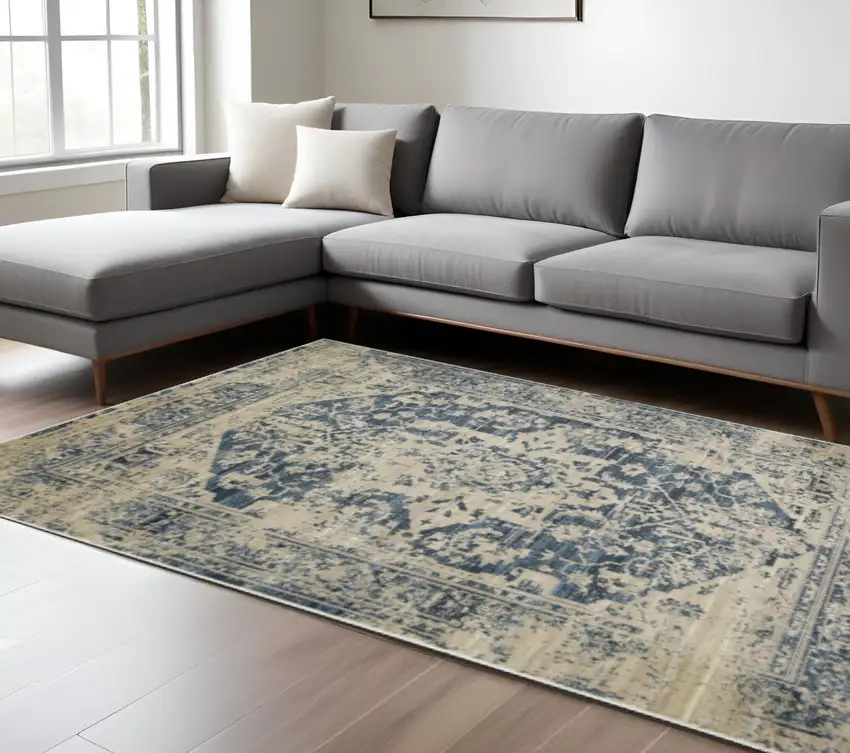 Ivory And Blue Oriental Area Rug Photo 1