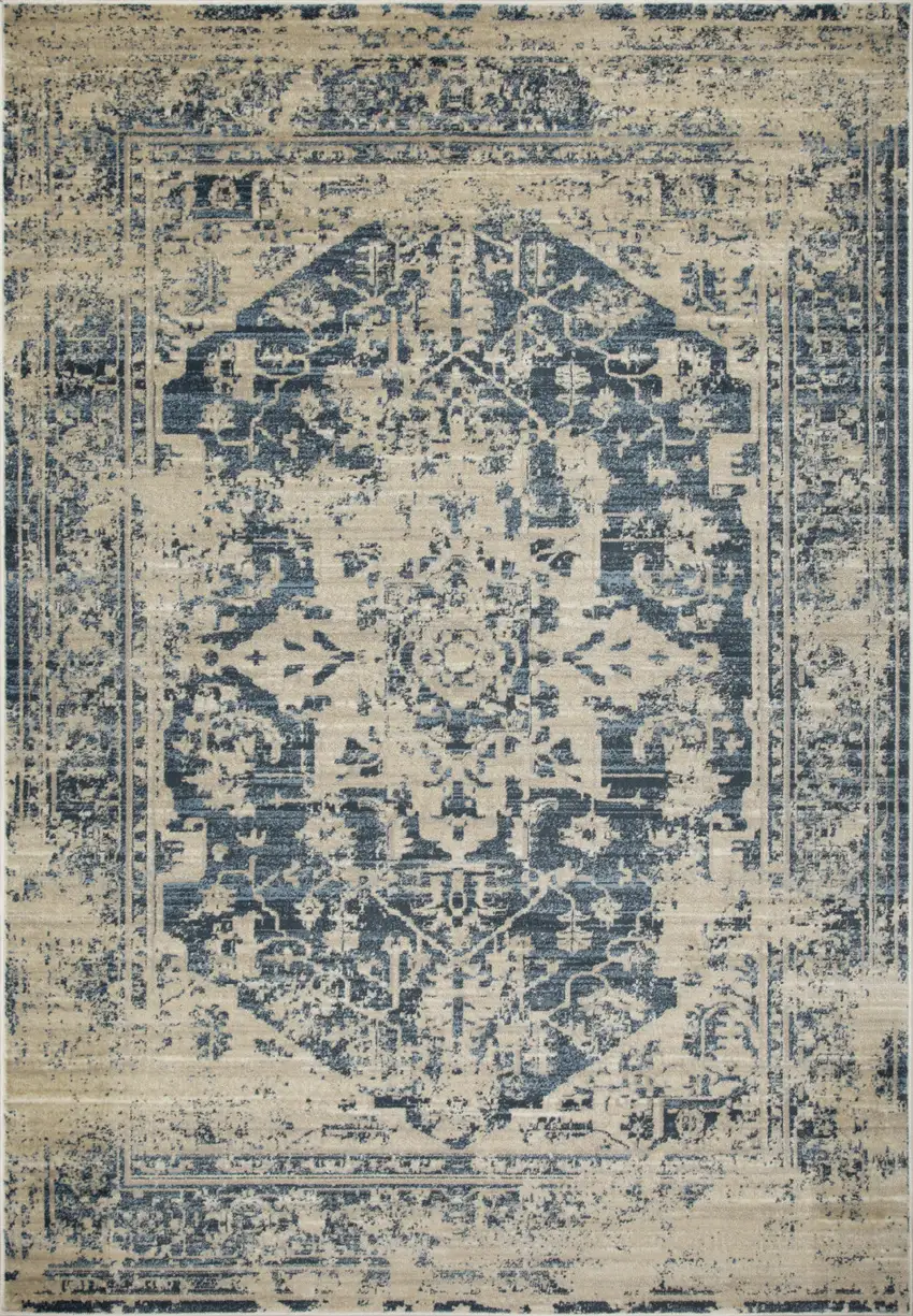Beige Blue Distressed Medallion Area Rug Photo 1