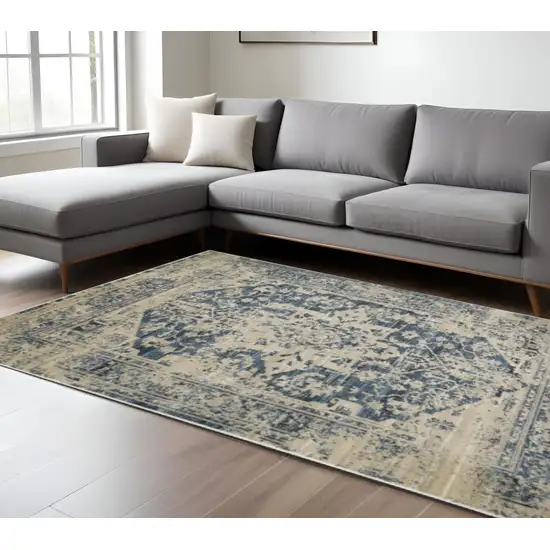 Ivory And Blue Oriental Area Rug Photo 1
