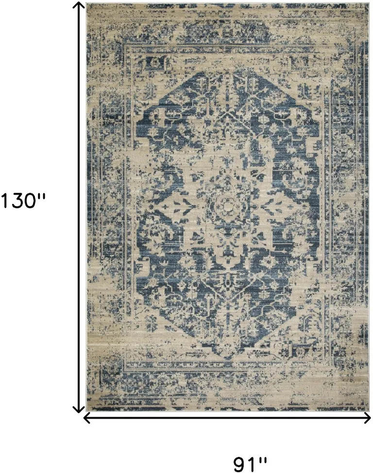 Beige Blue Distressed Medallion Area Rug Photo 5