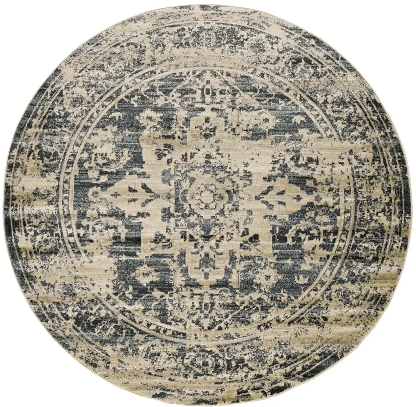 8' Ivory and Blue Oriental Distressed Round Rug Photo 1