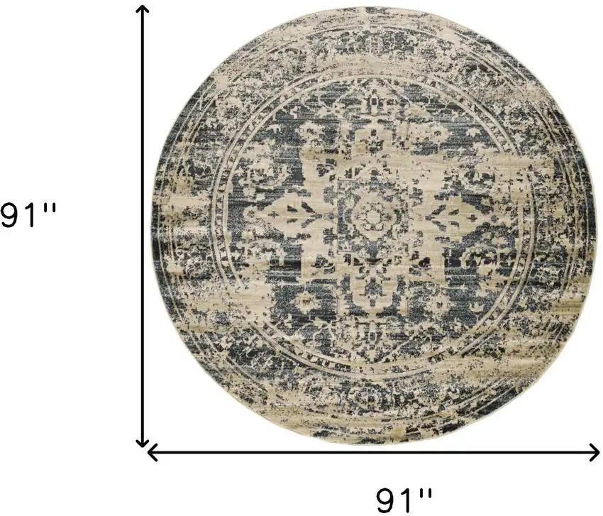 8' Ivory and Blue Oriental Distressed Round Rug Photo 6