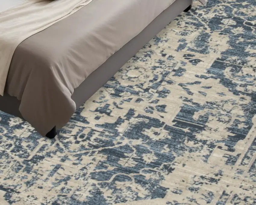 8' Ivory and Blue Oriental Distressed Round Rug Photo 3