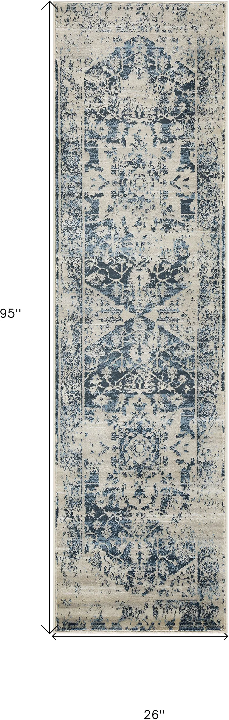Beige Blue Distressed Medallion Runner Rug Photo 4
