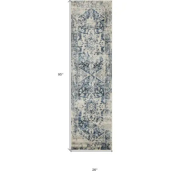 8' Ivory And Blue Oriental Runner Rug Photo 4