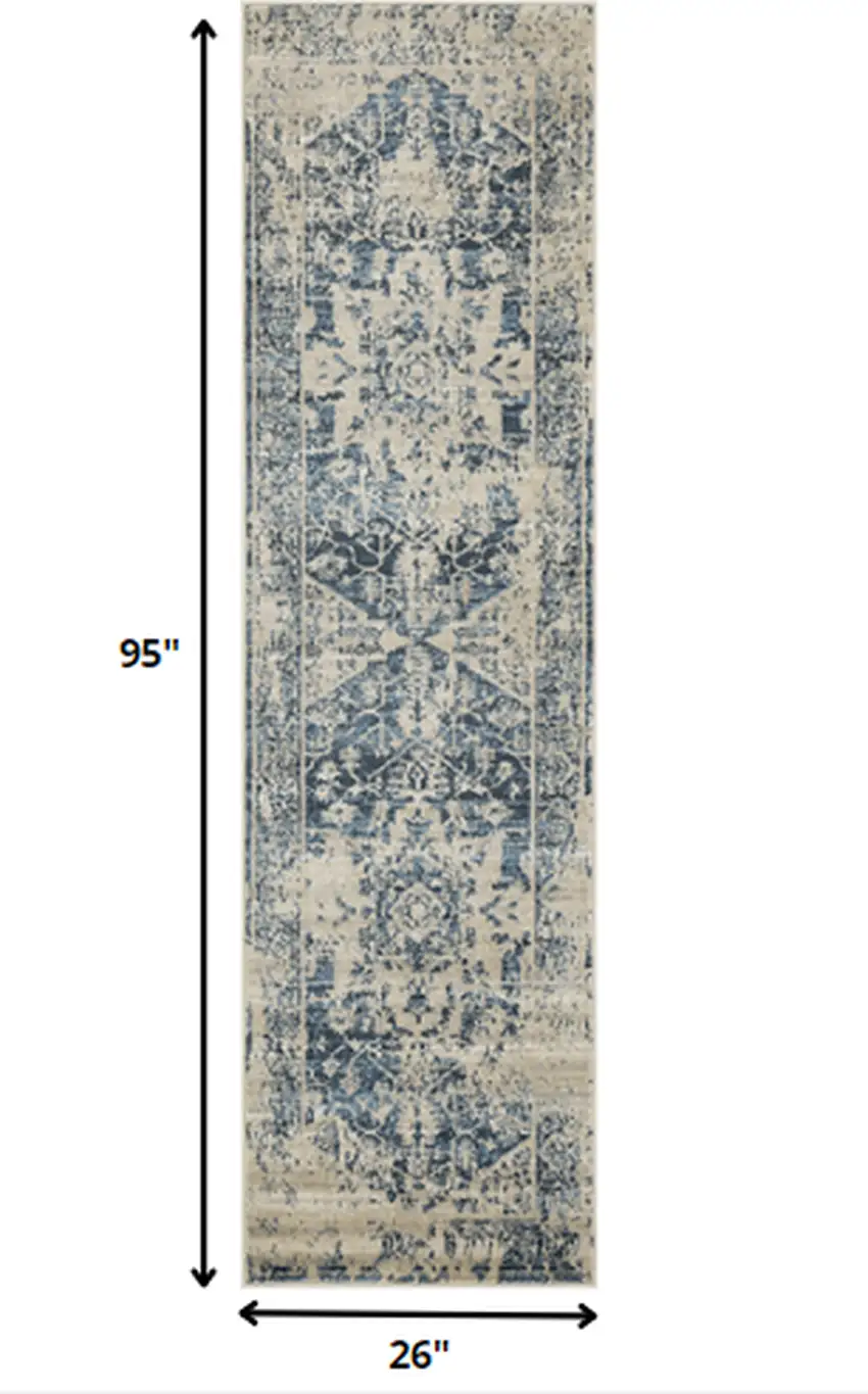 Beige Blue Distressed Medallion Runner Rug Photo 5